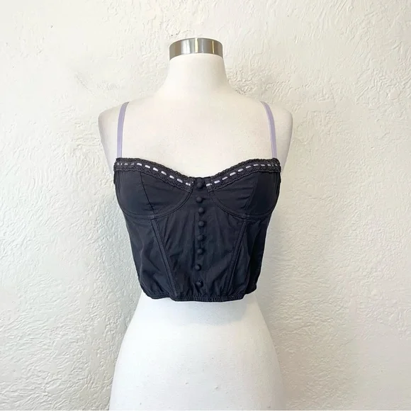 Urban Outfitters Ribbon Corset Top Black Purple Cropped Small S Fairy - Picture 2 of 9